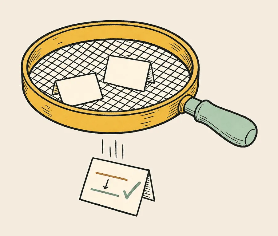 A hand-inked sieve holds two folded note slips on its mesh, and one slip falls through below it carrying a replaced line and a check mark.