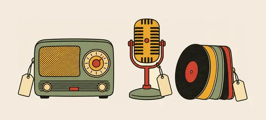 A flat mid-century illustration of a radio, a microphone on a stand and a small stack of records arranged in a row, each with a blank price tag hanging from it.
