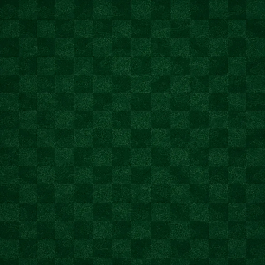 Dark jade green silk with faint cloud shapes and a checkerboard of roughly fourteen squares across.