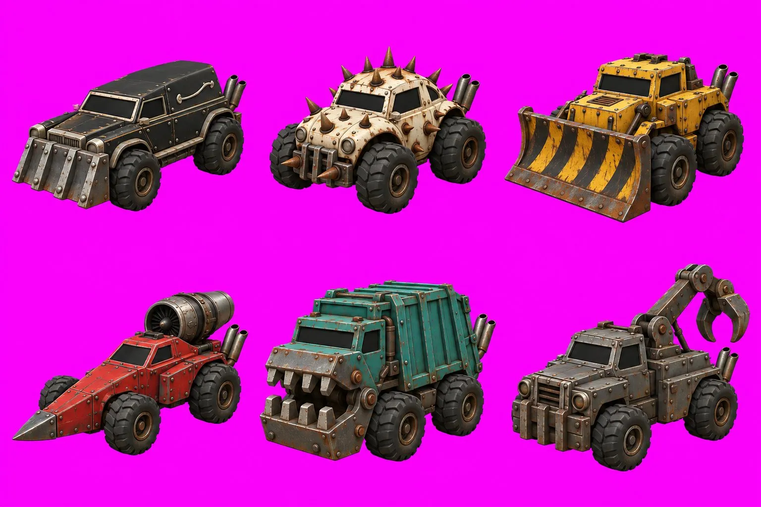 Six armoured combat cars on a flat magenta background in a three by two grid, all at the same three-quarter angle: a black hearse with a battering ram, a cream spiked buggy, a yellow bulldozer, a red jet dragster, a teal garbage truck with a jaw, and a grey tow truck.