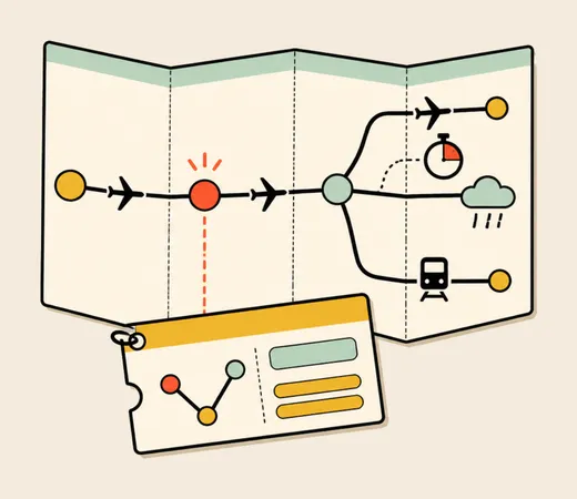 A folded route map on which one delayed flight branches into a connection, arrival weather and a train.