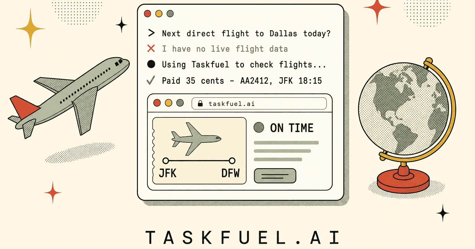 A flat mid-century illustration of a terminal window in which an agent asks for the next direct flight to Dallas, pays 35 cents and answers with a flight number and departure time, flanked by an airliner and a desk globe.