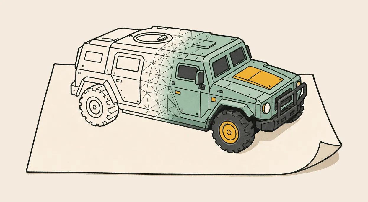 A hand-inked sheet of paper with a line drawing of an armoured off-road truck whose front half rises off the page as a solid green truck with yellow wheels, a triangle mesh marking where flat drawing becomes solid.