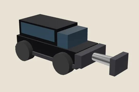 A black car built from plain boxes and cylinders, with blue box windows and a grey piston ram on the front.