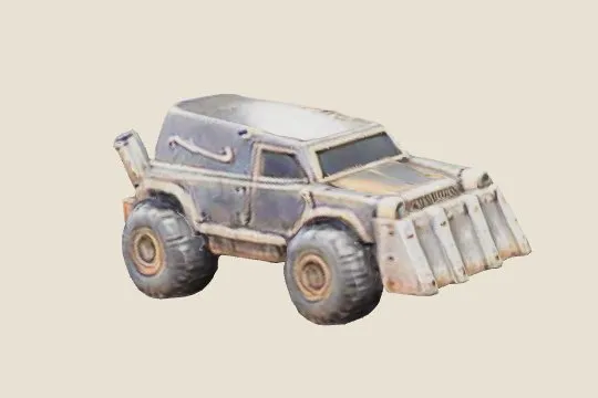 A battered grey armoured hearse with chunky off-road tyres, a toothed ram plate on the front and an exhaust stack at the back.