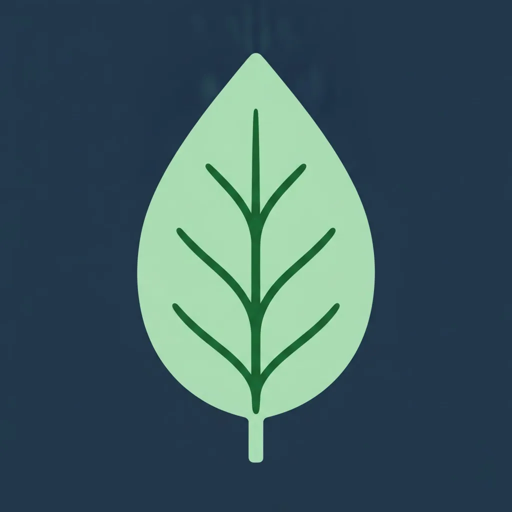 The same leaf icon recoloured for dark mode: a pale mint leaf on a deep navy square.