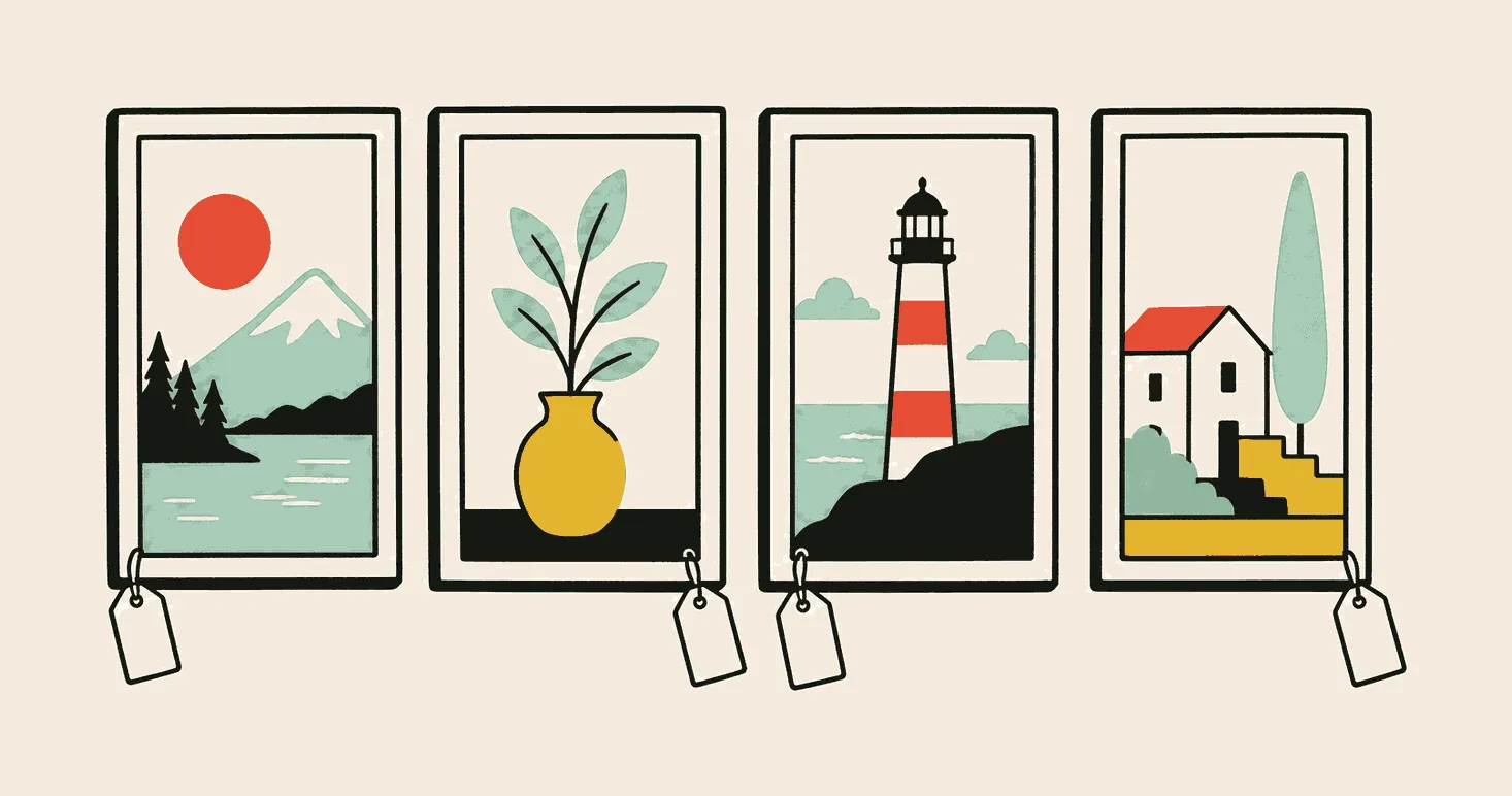 A flat mid-century illustration of four framed pictures standing in a row, a lake at sunrise, a plant in a vase, a lighthouse and a house among trees, each with a small blank price tag hanging from a lower corner.