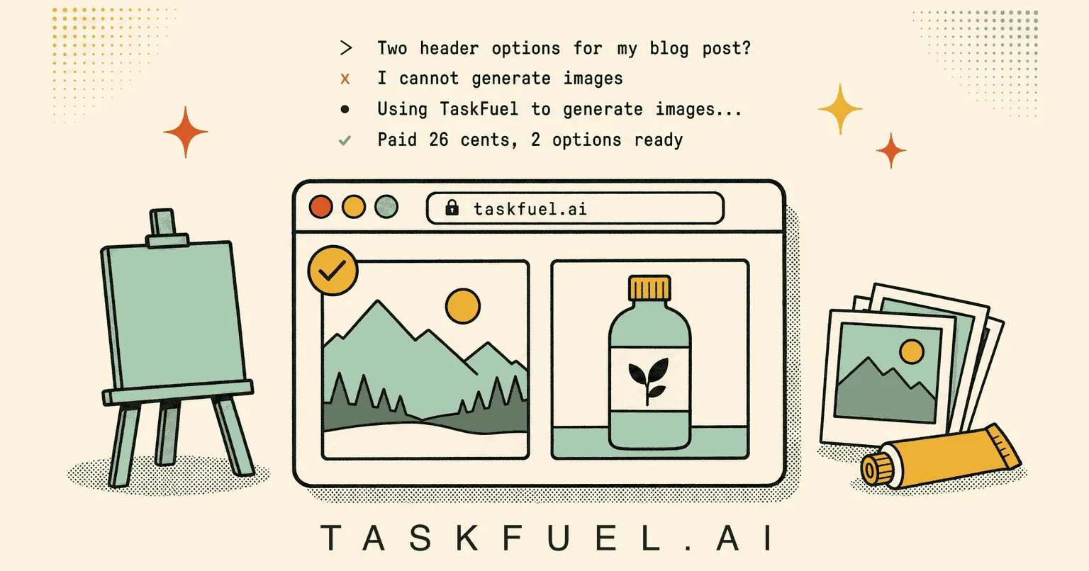 A flat mid-century illustration. Above a browser window showing taskfuel.ai, a monospace transcript reads: two header options for my blog post, I cannot generate images, using TaskFuel to generate images, paid 26 cents, 2 options ready. The window holds two generated thumbnails, flanked by a blank easel and a stack of photo prints beside a paint tube.