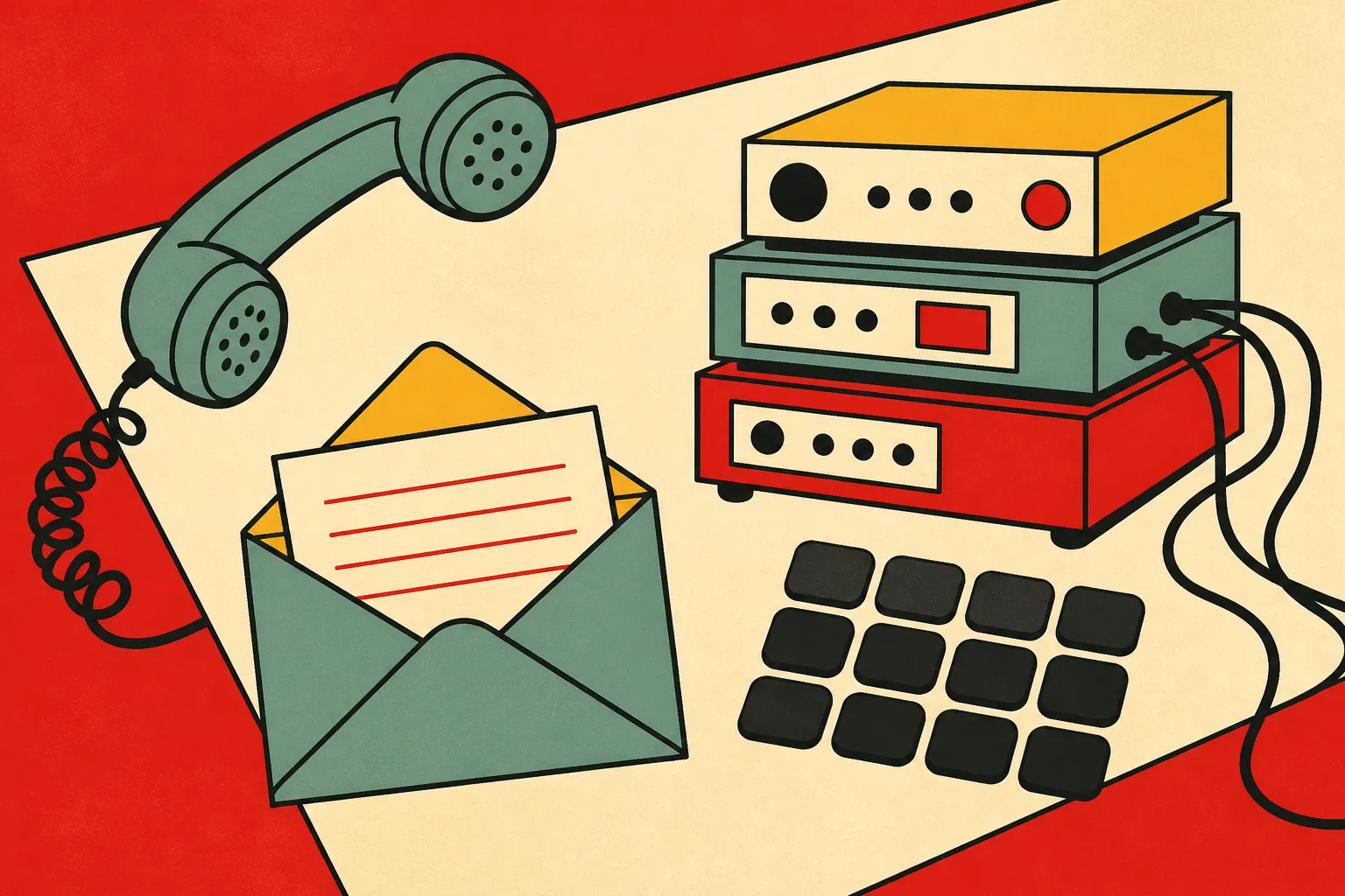 A flat mid-century illustration of a telephone handset, an open envelope, a stack of machines and a keypad, laid out like tools on a workbench.