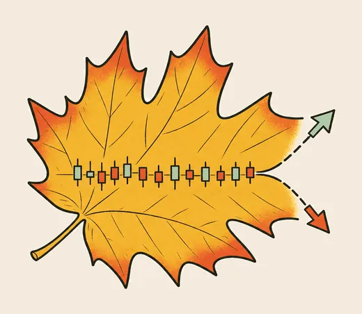 A hand-inked autumn maple leaf with a row of small candlestick bars running level along its middle, splitting at the leaf's edge into a dashed green arrow pointing up and a dashed red arrow pointing down.