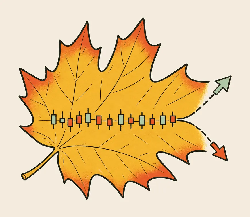 A hand-inked autumn maple leaf with a row of small candlestick bars running level along its middle, splitting at the leaf's edge into a dashed green arrow pointing up and a dashed red arrow pointing down.