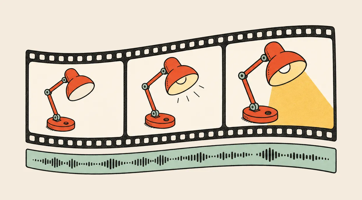 A curling film strip shows a desk lamp switching on across three frames, with an audio waveform running beneath it.