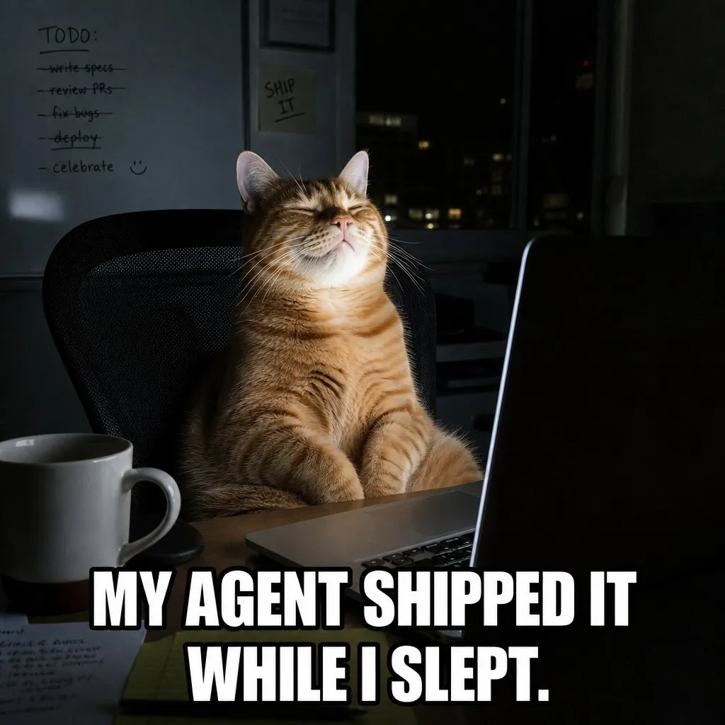 A ginger cat sitting contentedly at a laptop in a dark office at night. On the whiteboard behind it, write specs, review PRs, fix bugs and deploy are all crossed off, with celebrate left undone beside a smiley face, and a sticky note reads SHIP IT. The caption reads MY AGENT SHIPPED IT WHILE I SLEPT.