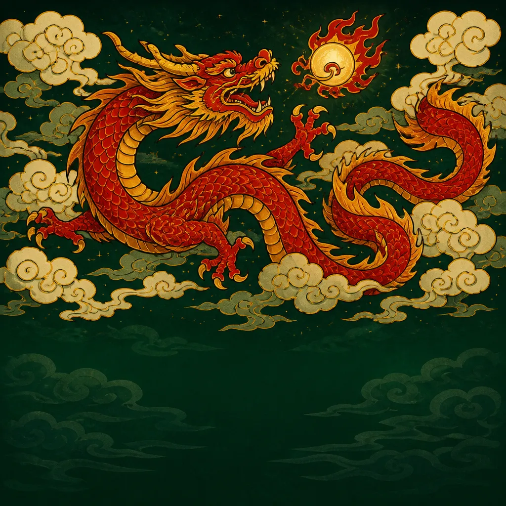 A red and gold Chinese dragon coiling through cream clouds on a dark jade sky, reaching for a flaming pearl, with a calm dark band along the bottom.