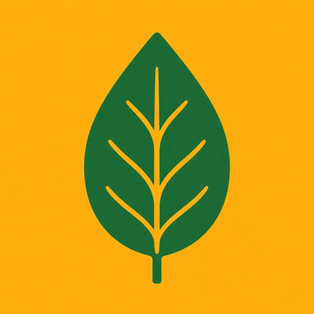 A bold dark green leaf with amber veins, upright and centred on a solid amber square.