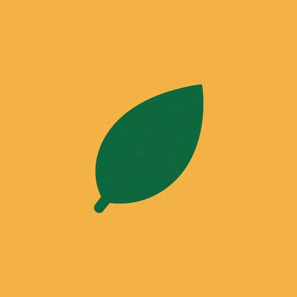A small dark green leaf, tilted, centred on a solid amber background.