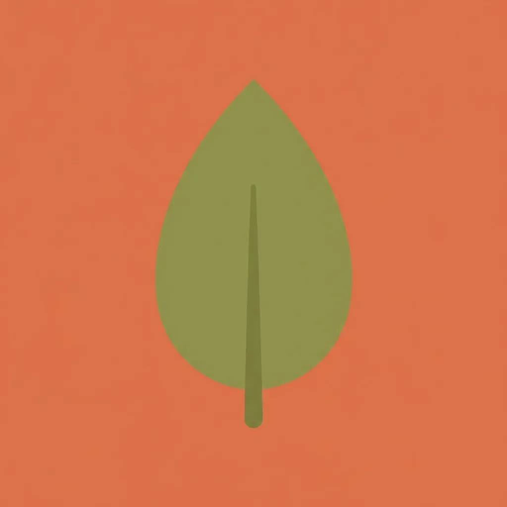 An upright olive green leaf centred on a solid terracotta background.