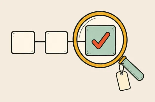 A flat mid-century illustration of a magnifying glass resting over the last box in a short row of linked boxes, that box filled in and marked with a check while the two before it stay blank, and a small blank tag hanging from the handle.