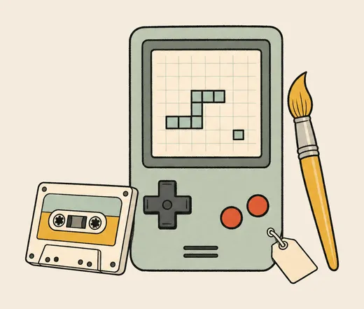 A hand-inked retro handheld game console showing a simple block snake on a grid, with a cassette tape leaning on one side, a paintbrush on the other and a blank price tag hanging from its corner.