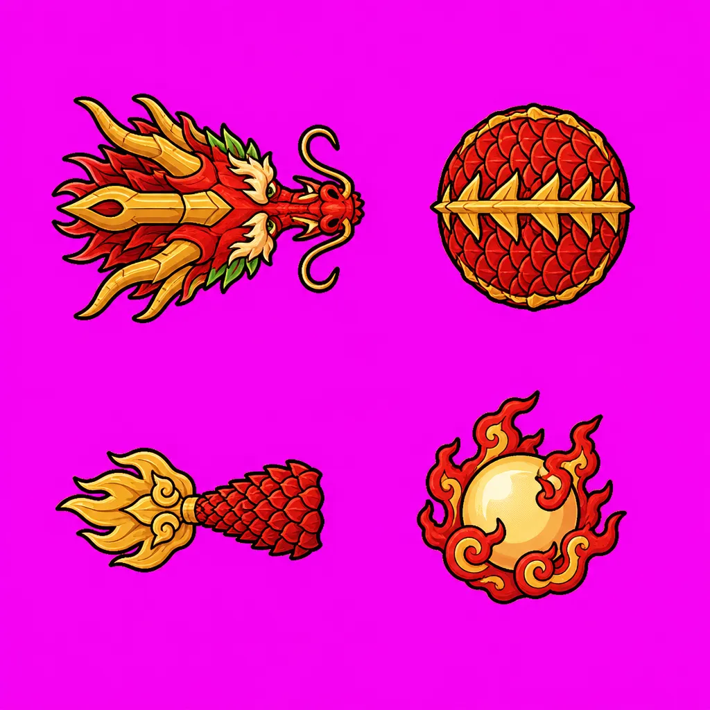Four game sprites on a flat magenta background: a red and gold Chinese dragon's head facing right, a round segment of red scales with a gold spine, a tail ending in a gold flame fin, and a gold pearl wrapped in red flames.