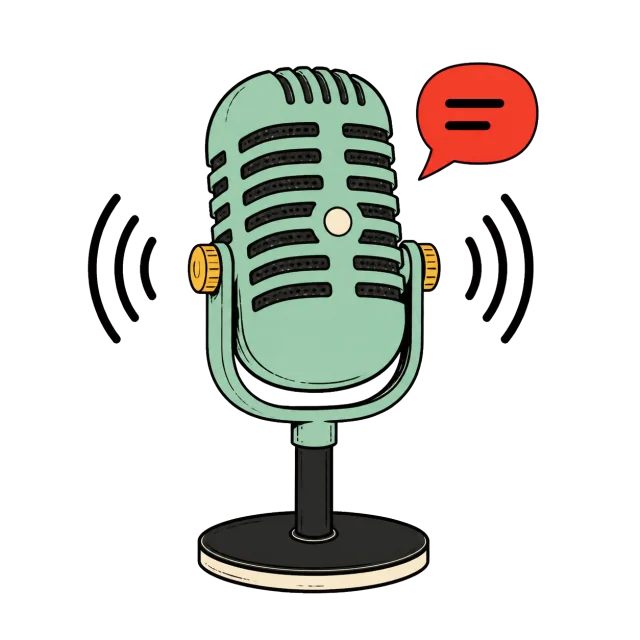 A podcast microphone with broadcast waves and a message